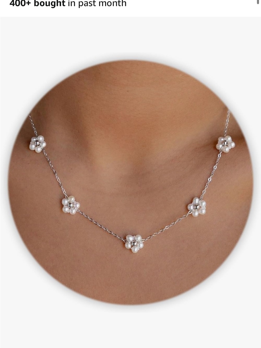 Pearl Flower Station Necklace - White Pearls on Silver Chain